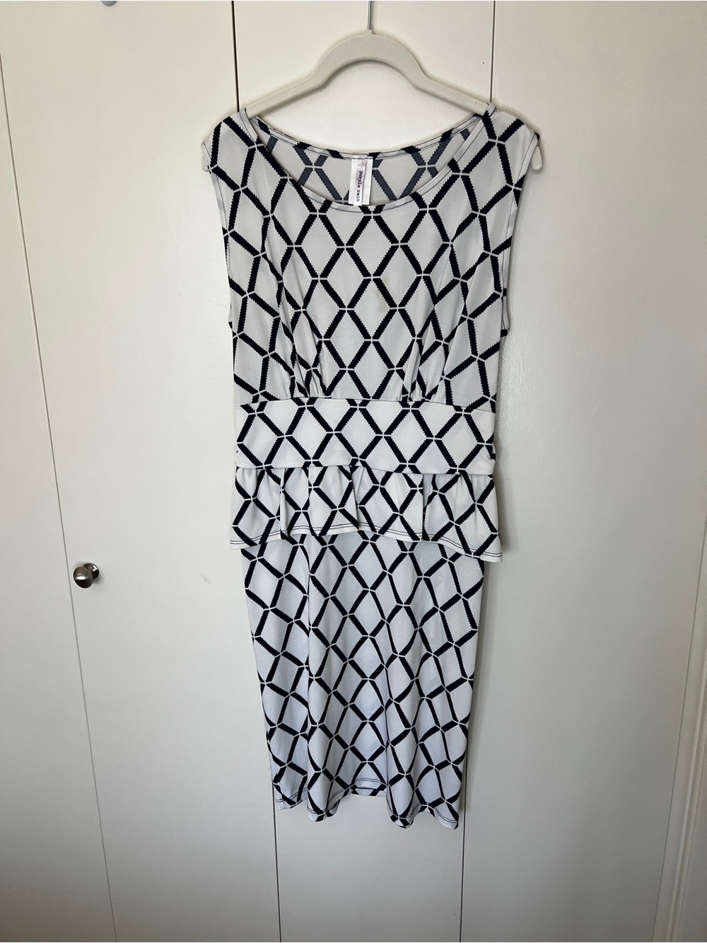 Purple Rain Navy & White Geometric Peplum Midi Dress